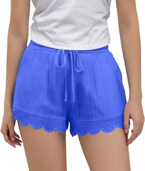 Girls Cotton Linen Shorts Cute Lace Trim Comfy Summer Elastic High Waist Yoga Dance Shorts for Kids 4-14 Years