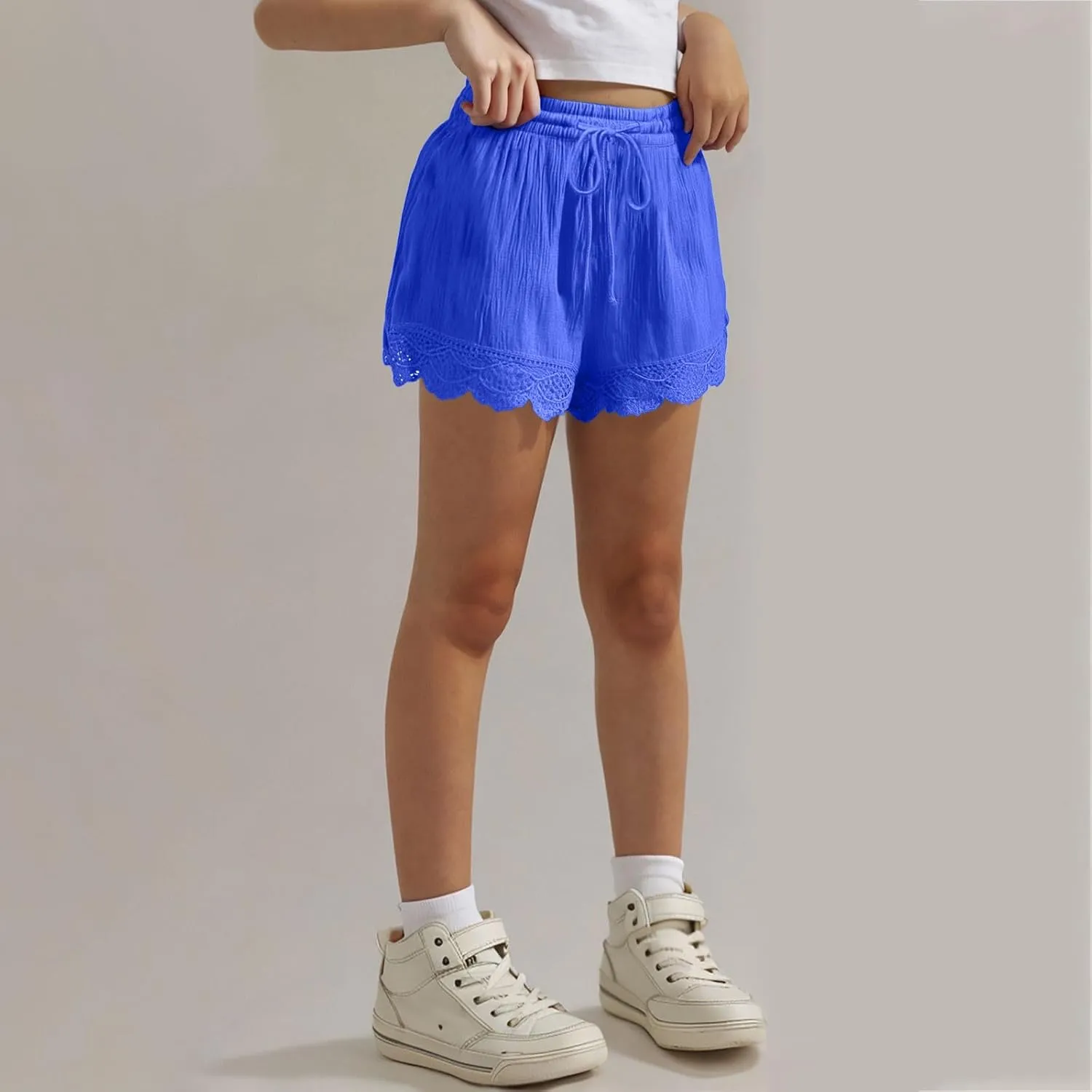 Girls Cotton Linen Shorts Cute Lace Trim Comfy Summer Elastic High Waist Yoga Dance Shorts for Kids 4-14 Years