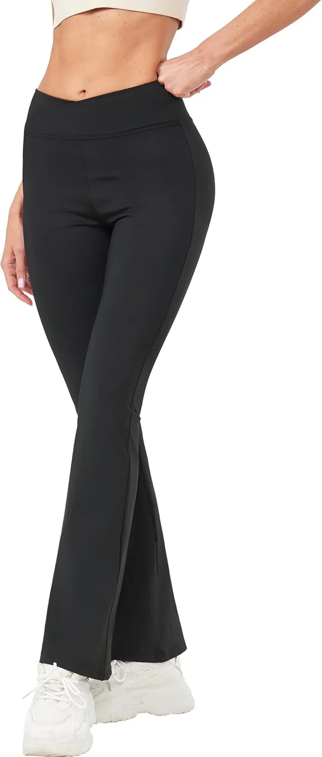 Girls Flare Leggings Black Pink Crossover High Waisted Workout Running Dance Bootleg Yoga Pants