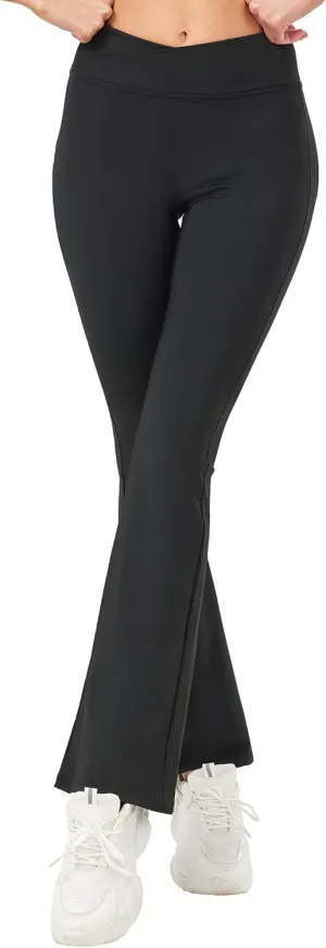Girls Flare Leggings Black Pink Crossover High Waisted Workout Running Dance Bootleg Yoga Pants