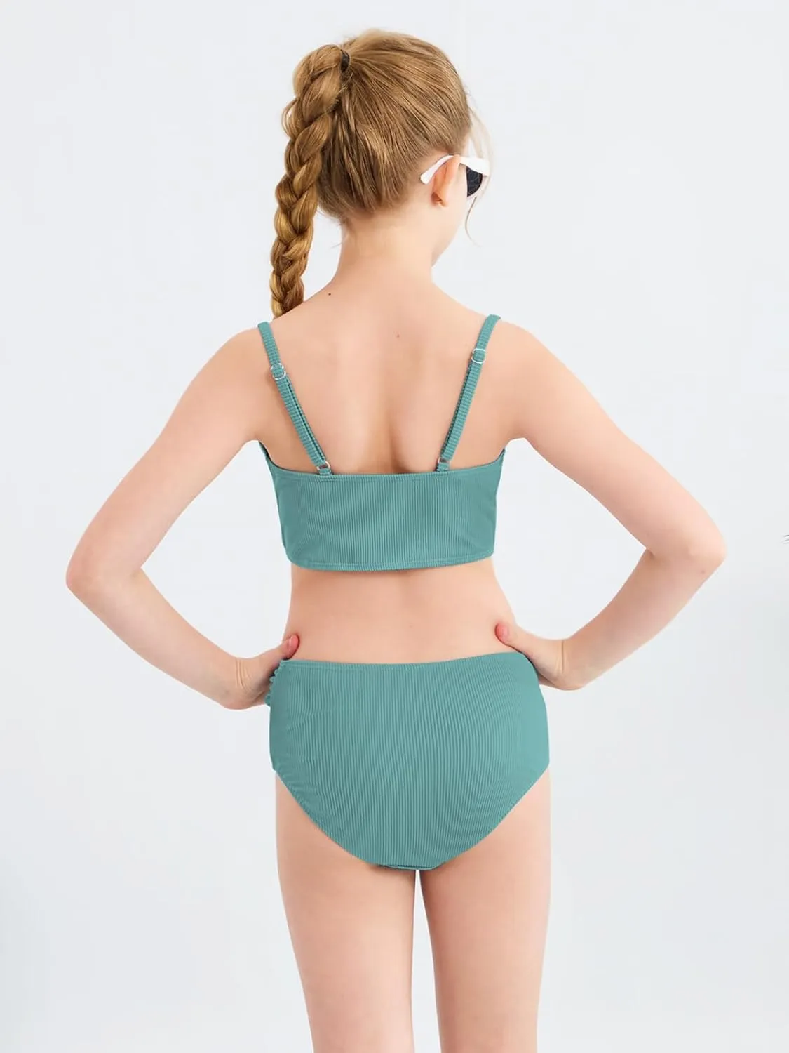 Girls' Swimsuits 2 Piece Bikini Set Solid Color Twist Cross Spaghetti Straps Bathing Suit Teen Swimwear with Chest Pad