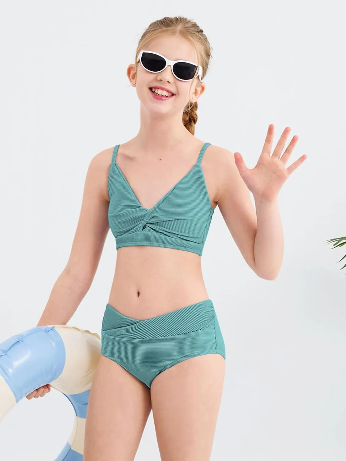 Girls' Swimsuits 2 Piece Bikini Set Solid Color Twist Cross Spaghetti Straps Bathing Suit Teen Swimwear with Chest Pad