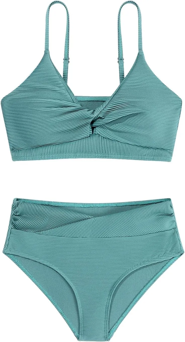 Girls' Swimsuits 2 Piece Bikini Set Solid Color Twist Cross Spaghetti Straps Bathing Suit Teen Swimwear with Chest Pad
