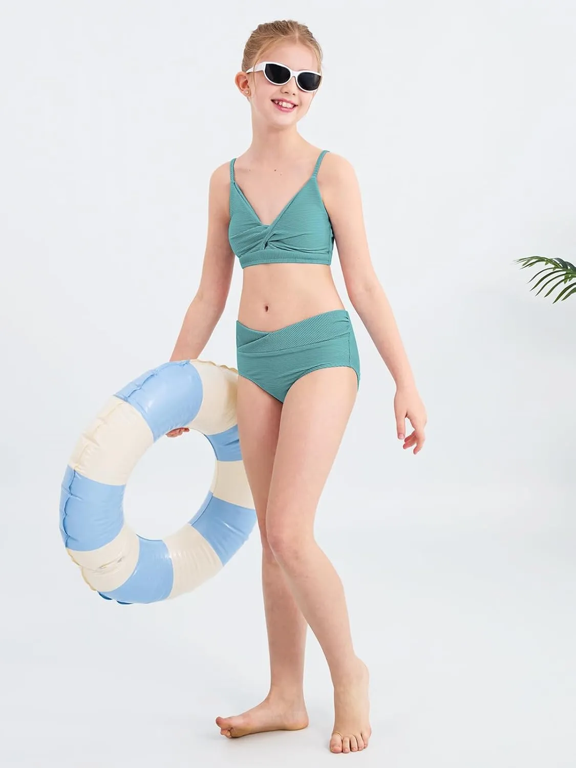 Girls' Swimsuits 2 Piece Bikini Set Solid Color Twist Cross Spaghetti Straps Bathing Suit Teen Swimwear with Chest Pad