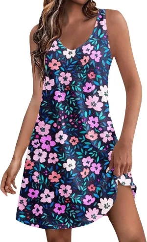 GOKKILRW Womens Summer Dress Trendy Sleeveless Floral Boho Sundress Casual Loose Beach Vacation Tank Dresses Swimsuit Coverup