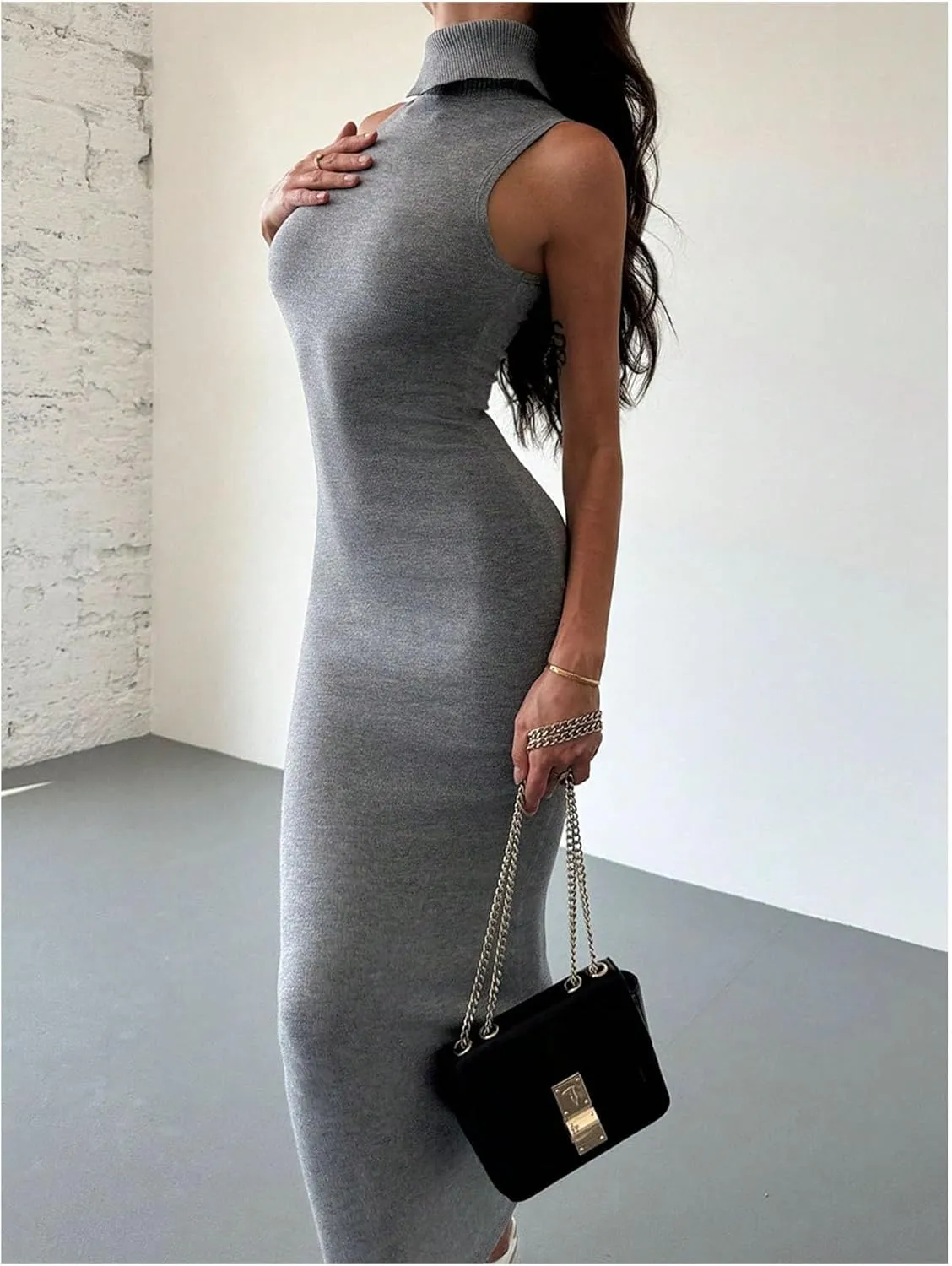 GORGLITTER Women's High Neck Sweater Dress Sleeveless Elegant Bodycon Maxi Dresses