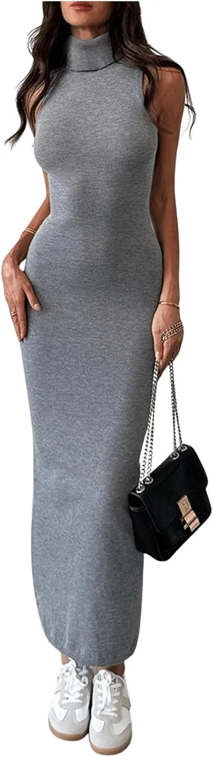 GORGLITTER Women's High Neck Sweater Dress Sleeveless Elegant Bodycon Maxi Dresses