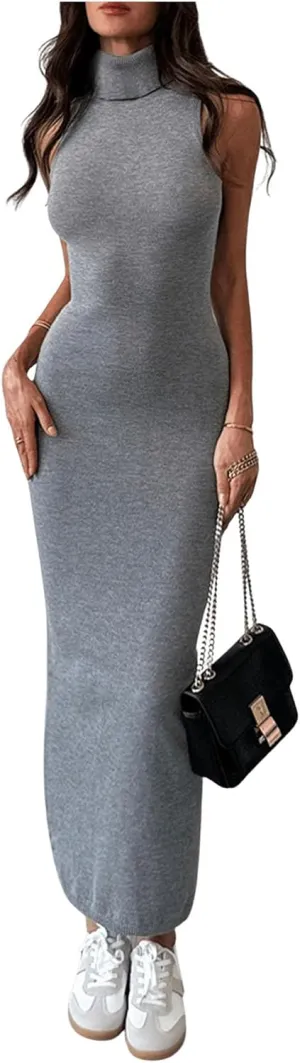 GORGLITTER Women's High Neck Sweater Dress Sleeveless Elegant Bodycon Maxi Dresses