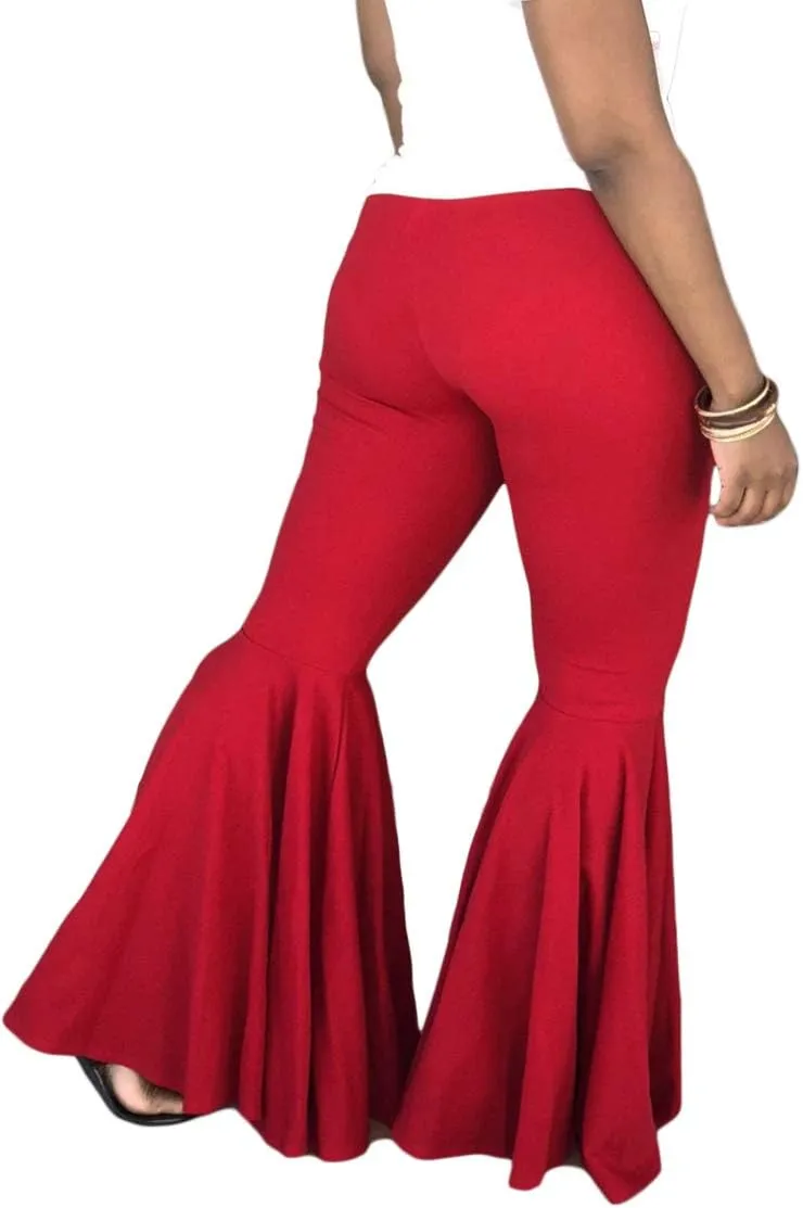 GUOLEZEEV Women Bell Bottoms Solid Elastic Waist Stretchy Fitted and Flared Pants Plus Size