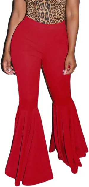 GUOLEZEEV Women Bell Bottoms Solid Elastic Waist Stretchy Fitted and Flared Pants Plus Size