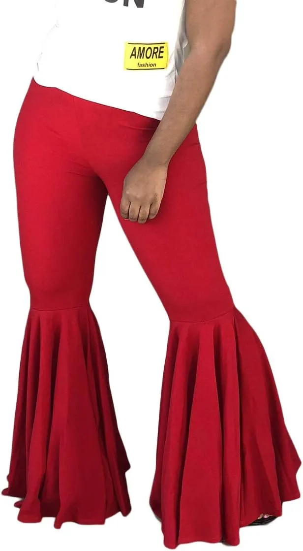 GUOLEZEEV Women Bell Bottoms Solid Elastic Waist Stretchy Fitted and Flared Pants Plus Size