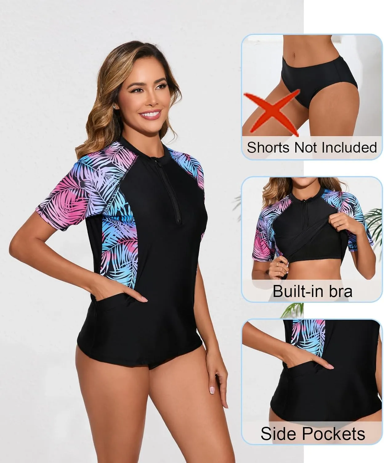 Halcurt Women's Half Zip Short Sleeve Rash Guard Top with Bra Side Pockets Swim Shirts UPF50  Swimsuit