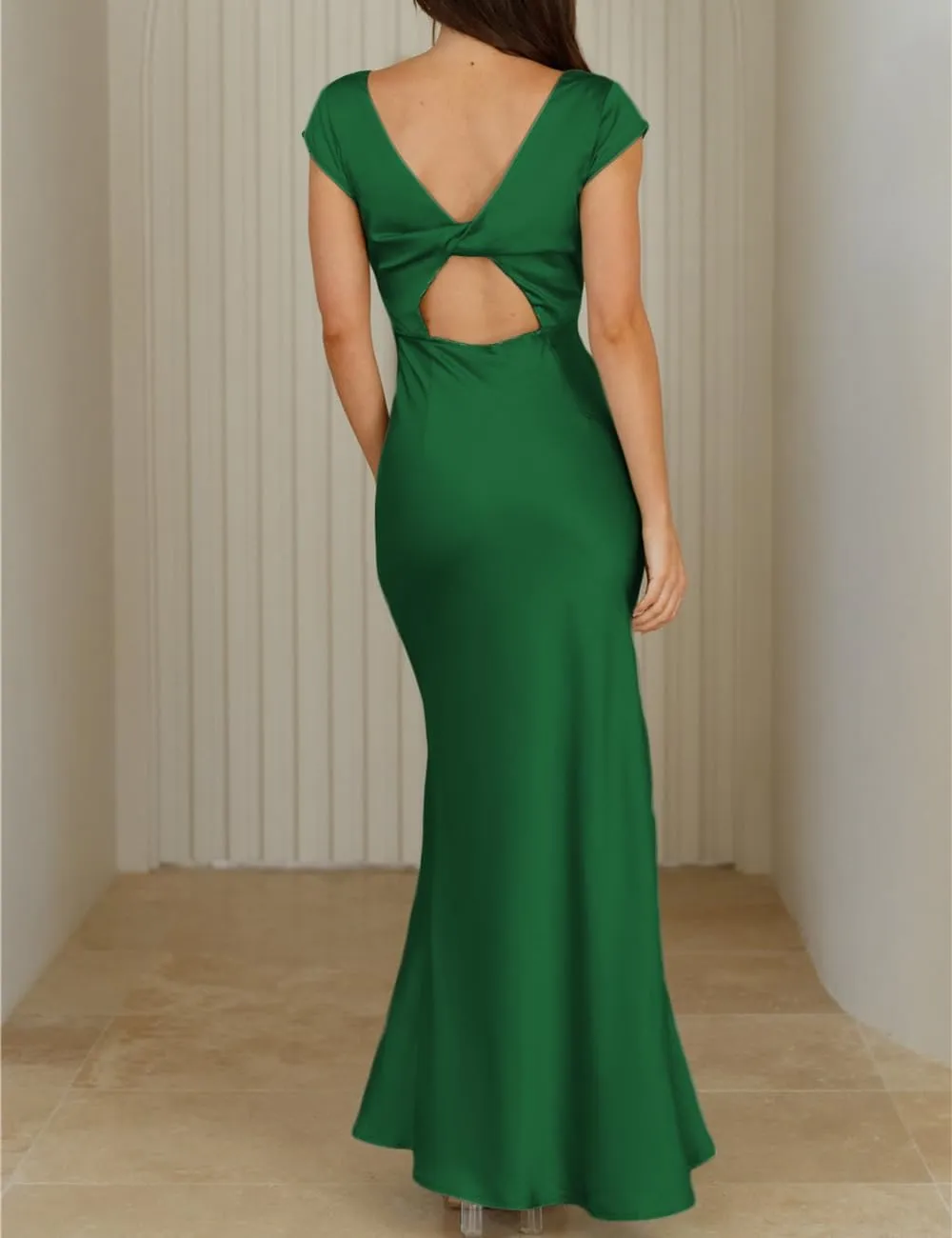 Halfisland Womens Summer Satin V Neck Cap Sleeve Backless Maxi Dress Elegant Twist Cut Out Midi Dresses Wedding Guest
