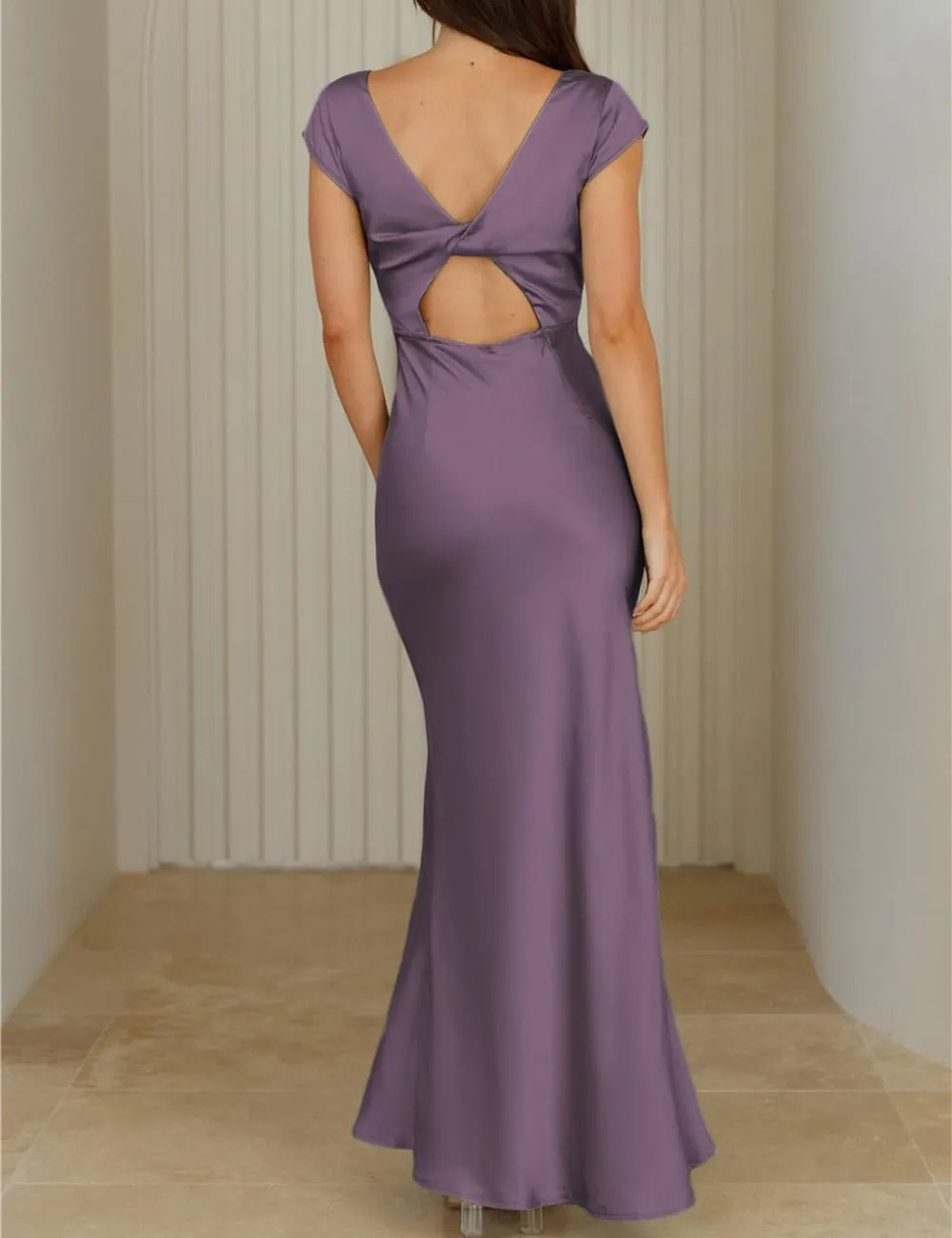 Halfisland Womens Summer Satin V Neck Cap Sleeve Backless Maxi Dress Elegant Twist Cut Out Midi Dresses Wedding Guest