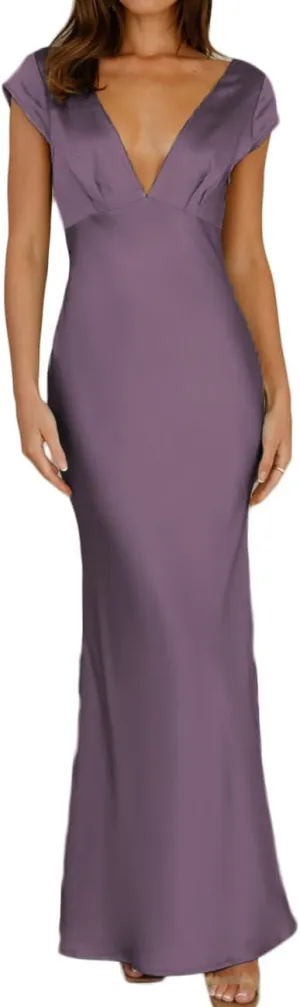 Halfisland Womens Summer Satin V Neck Cap Sleeve Backless Maxi Dress Elegant Twist Cut Out Midi Dresses Wedding Guest