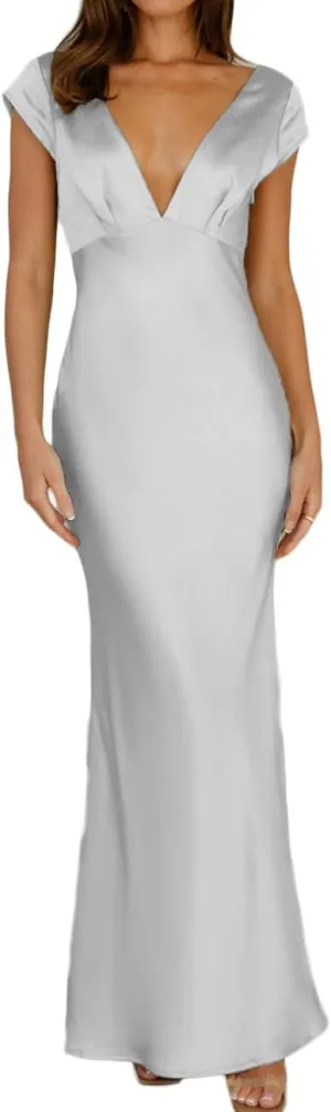 Halfisland Womens Summer Satin V Neck Cap Sleeve Backless Maxi Dress Elegant Twist Cut Out Midi Dresses Wedding Guest