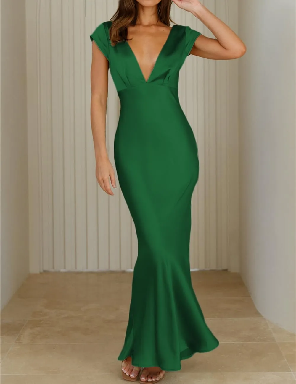 Halfisland Womens Summer Satin V Neck Cap Sleeve Backless Maxi Dress Elegant Twist Cut Out Midi Dresses Wedding Guest