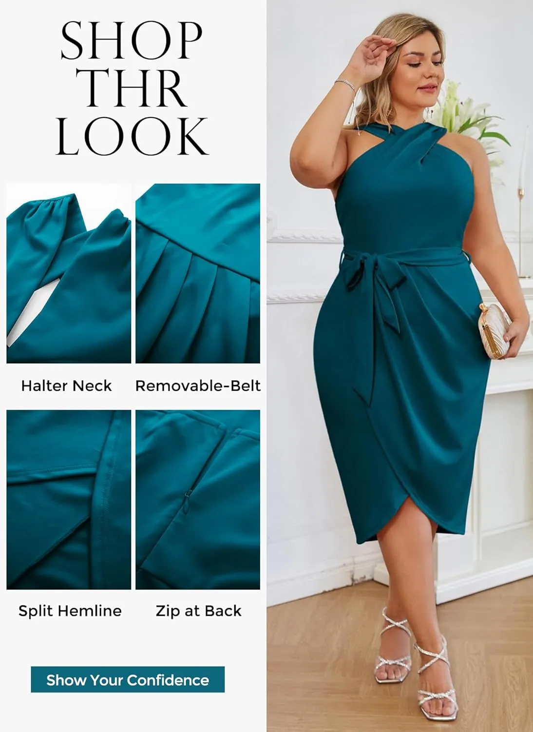 Hanna Nikole Plus Size Dresses for Curvy Women Halterneck Sleeveless Wrap Front Ruched Bodycon Dress Party Dress