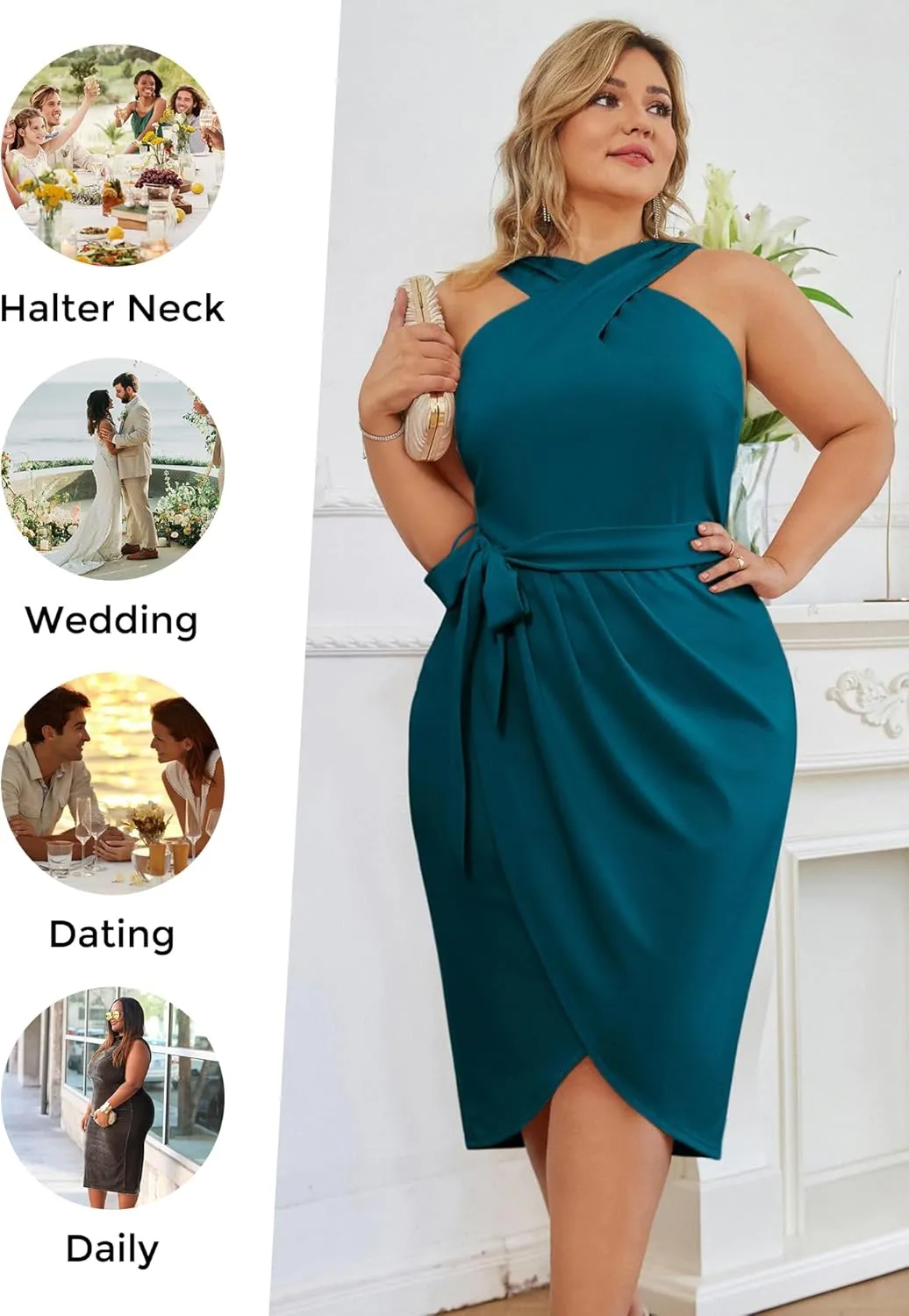 Hanna Nikole Plus Size Dresses for Curvy Women Halterneck Sleeveless Wrap Front Ruched Bodycon Dress Party Dress
