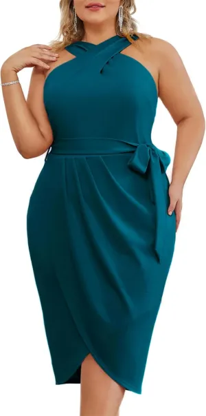 Hanna Nikole Plus Size Dresses for Curvy Women Halterneck Sleeveless Wrap Front Ruched Bodycon Dress Party Dress