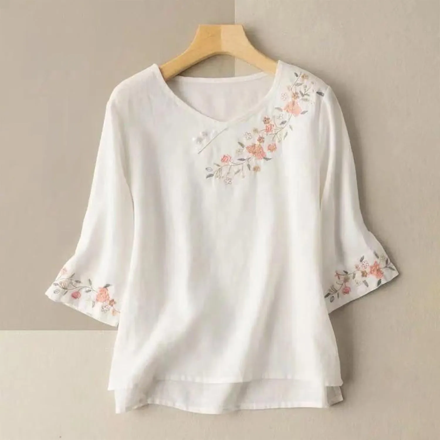 HGps8w 3/4 Sleeve Floral Embroidered Cotto Linen Tops for Women Vintage Chinese Frog Button Dressy Casual Blouses Shirts