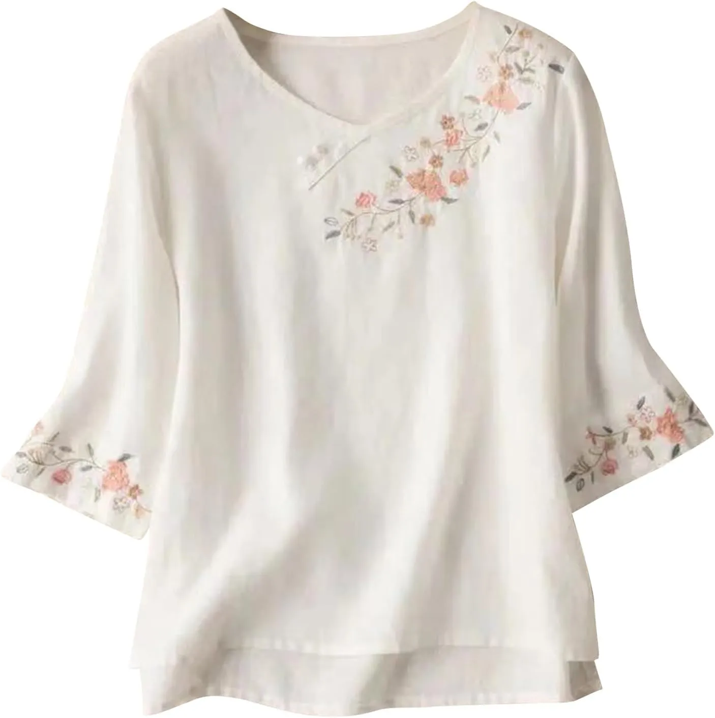 HGps8w 3/4 Sleeve Floral Embroidered Cotto Linen Tops for Women Vintage Chinese Frog Button Dressy Casual Blouses Shirts