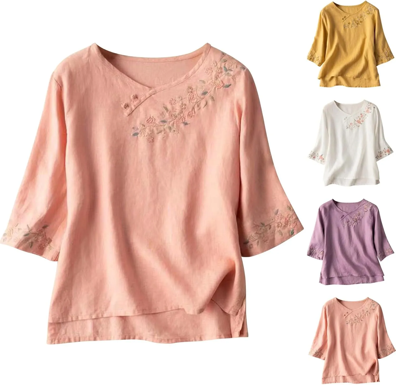 HGps8w 3/4 Sleeve Floral Embroidered Cotto Linen Tops for Women Vintage Chinese Frog Button Dressy Casual Blouses Shirts