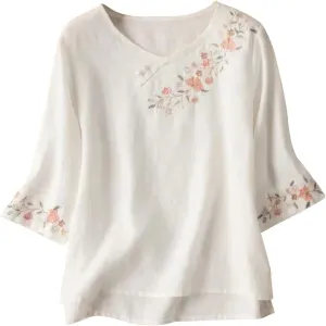 HGps8w 3/4 Sleeve Floral Embroidered Cotto Linen Tops for Women Vintage Chinese Frog Button Dressy Casual Blouses Shirts
