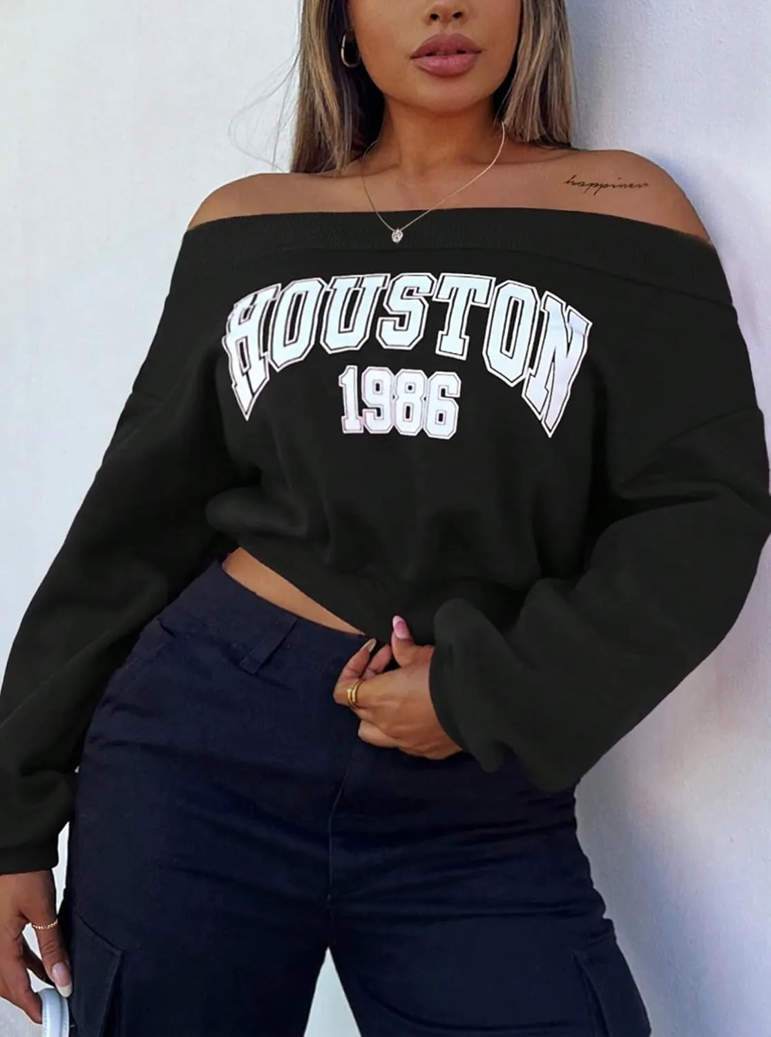 Hilinker Women's Graphic Off Shoulder Crop Sweatshirt Casual Loose Long Sleeve Pullover Tops