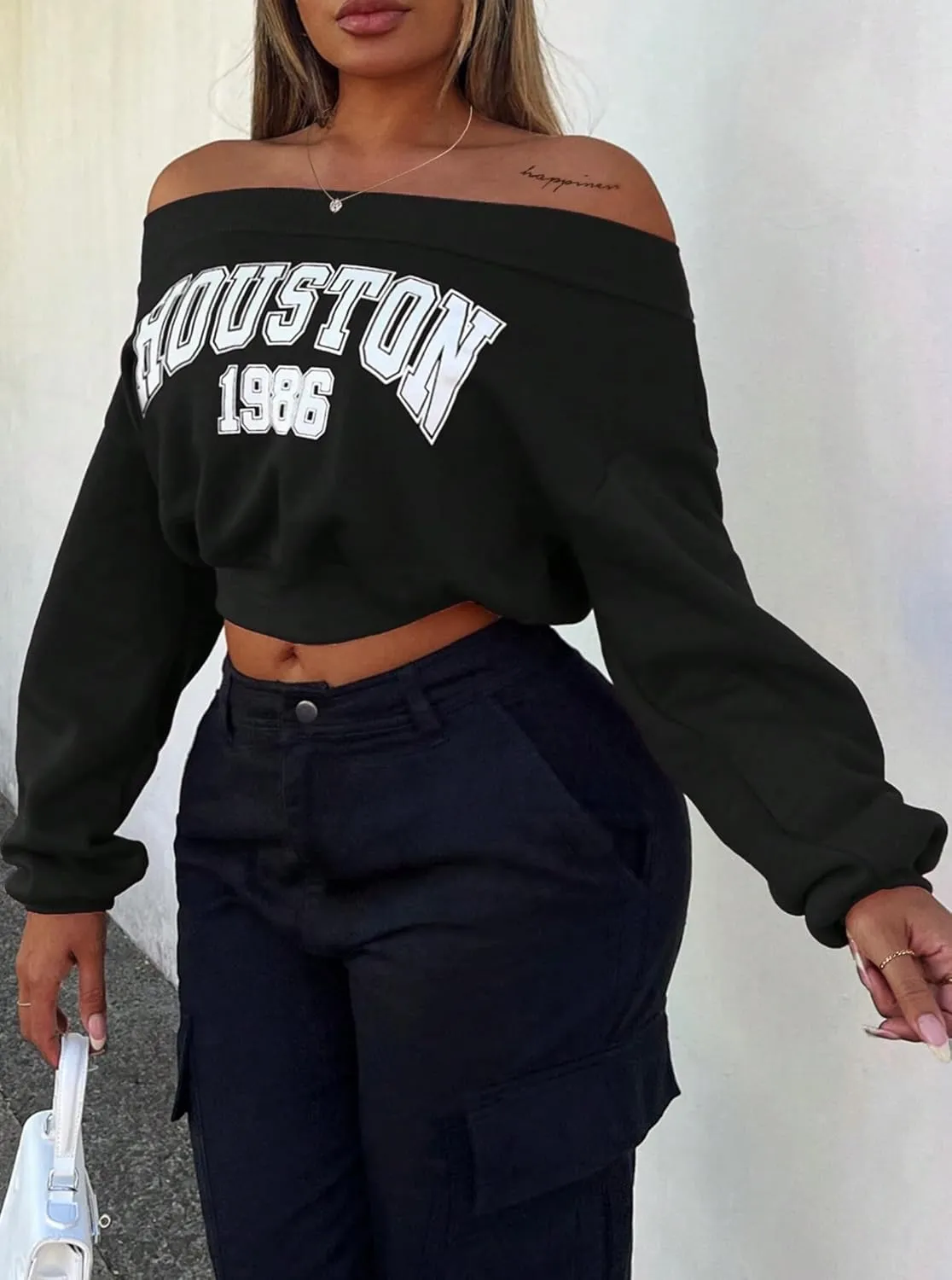 Hilinker Women's Graphic Off Shoulder Crop Sweatshirt Casual Loose Long Sleeve Pullover Tops