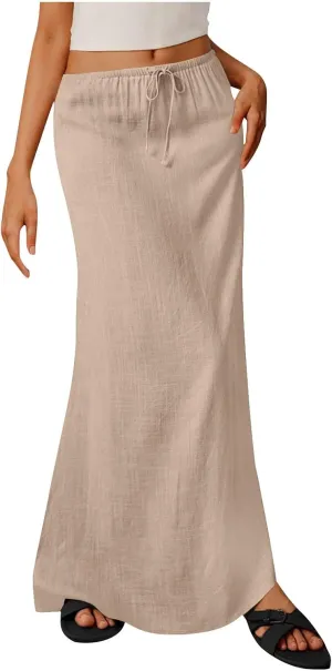 hlysgo Maxi Skirts for Women 2025 Summer Loose Comfy Drawstring Waist A Line Skirt Casual Vacation Boho Long Flowy Skirts