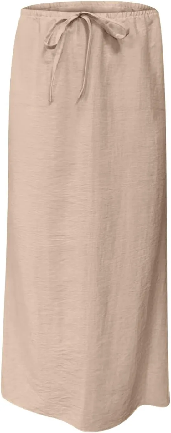 hlysgo Maxi Skirts for Women 2025 Summer Loose Comfy Drawstring Waist A Line Skirt Casual Vacation Boho Long Flowy Skirts