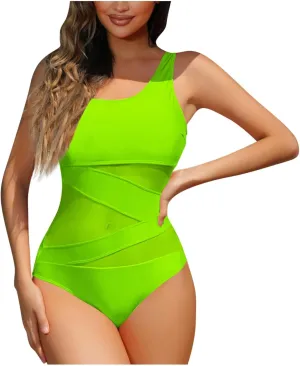 hlysgo Swimsuit for Women One Piece Bathing Suit Mesh Patchwork Adjustable Straps Monokini Tummy Control Modest Swimwear