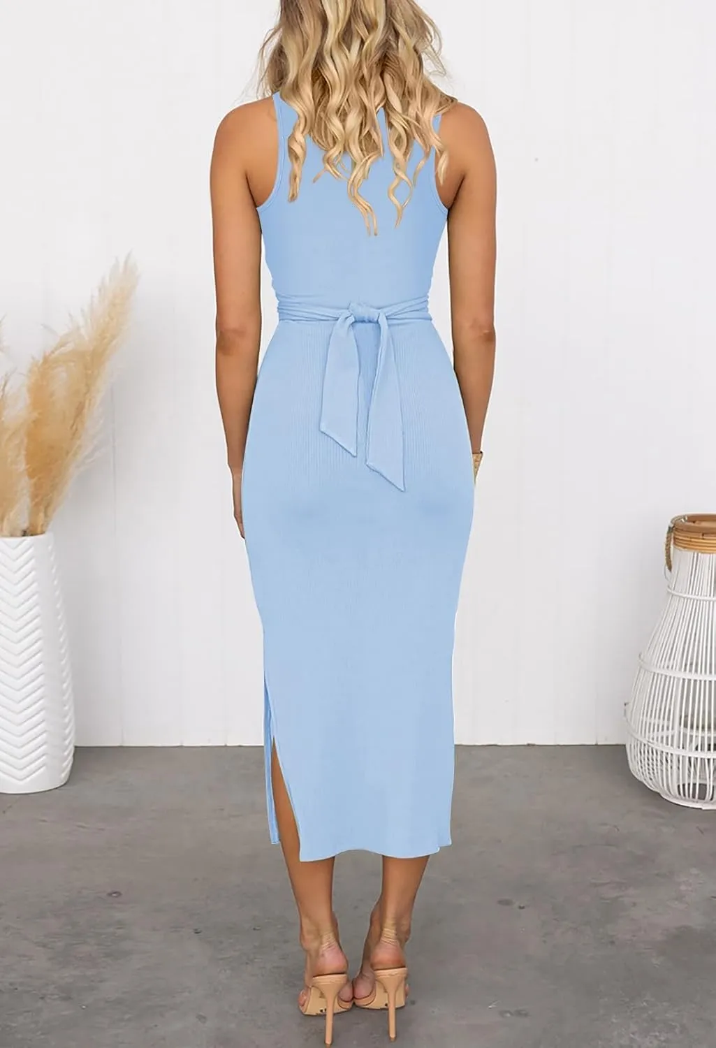 HUUSA Women's Sexy Sleeveless Cut Out Slim Bodycon Dress Crewneck Crisscross Twist Ruched Slit Ribbed Knit Tank Midi Dress