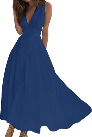 HXHYQKP Dresses for Women 2025 A Line Swing Dress Wrap V Neck Sleeveless Maxi Dress Trendy Floral Print Flowy Beach Dress