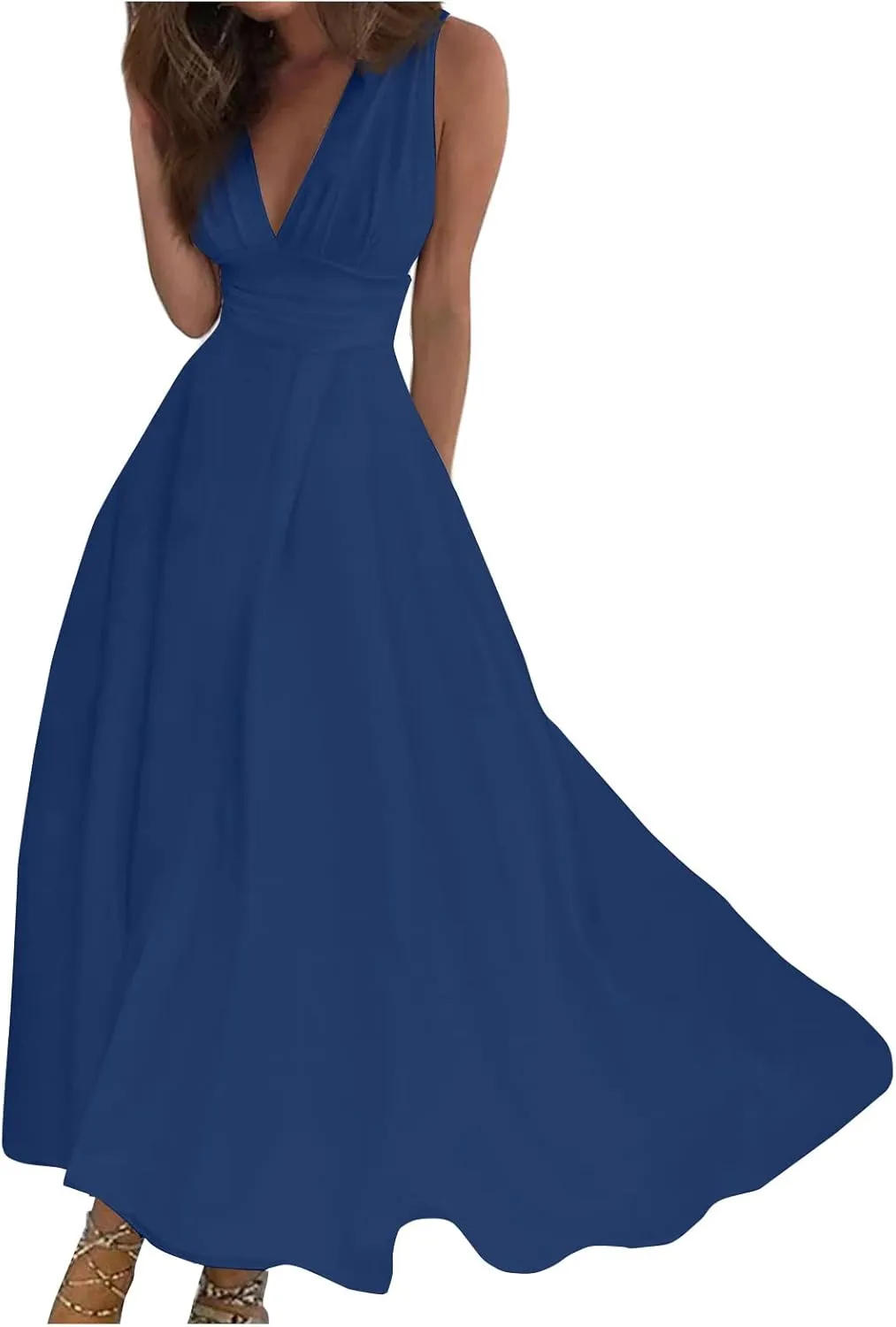 HXHYQKP Dresses for Women 2025 A Line Swing Dress Wrap V Neck Sleeveless Maxi Dress Trendy Floral Print Flowy Beach Dress