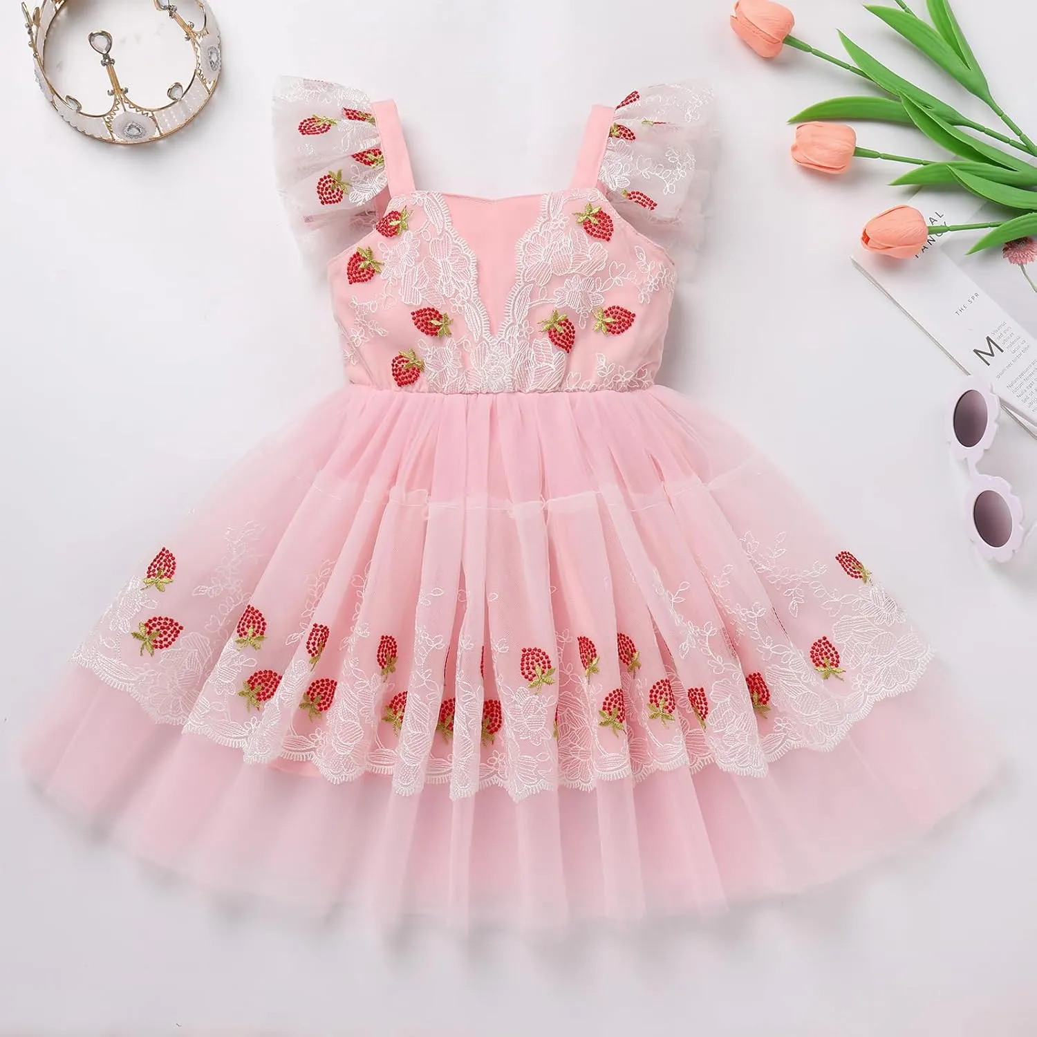 IBTOM CASTLE Toddler Birthday Dress Baby Girls Ruffle Floral Lace Embroidered Tulle Tutu Dress Princess Pageant Party Dress