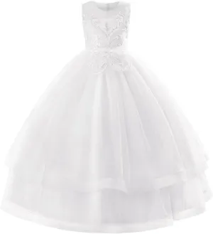 IDOPIP Flower Girl Sequin Appliques Dress for Kids Wedding Pageant Party Long Gown Princess Birthday Communion Tulle Dresses