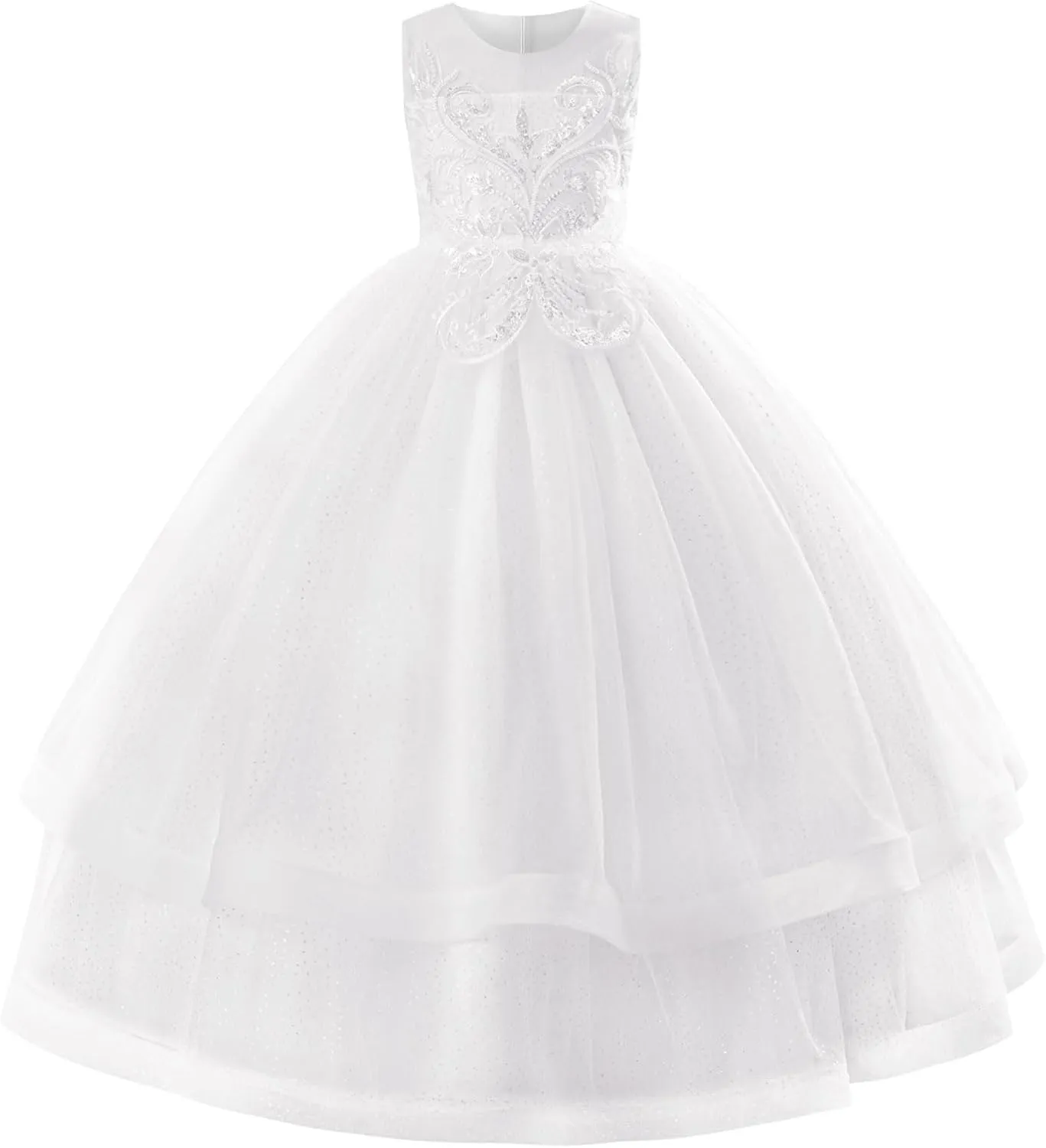 IDOPIP Flower Girl Sequin Appliques Dress for Kids Wedding Pageant Party Long Gown Princess Birthday Communion Tulle Dresses