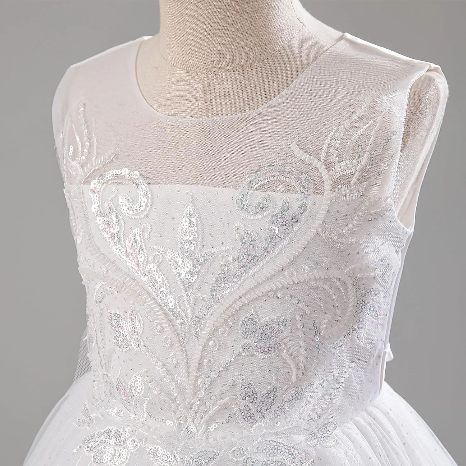IDOPIP Flower Girl Sequin Appliques Dress for Kids Wedding Pageant Party Long Gown Princess Birthday Communion Tulle Dresses