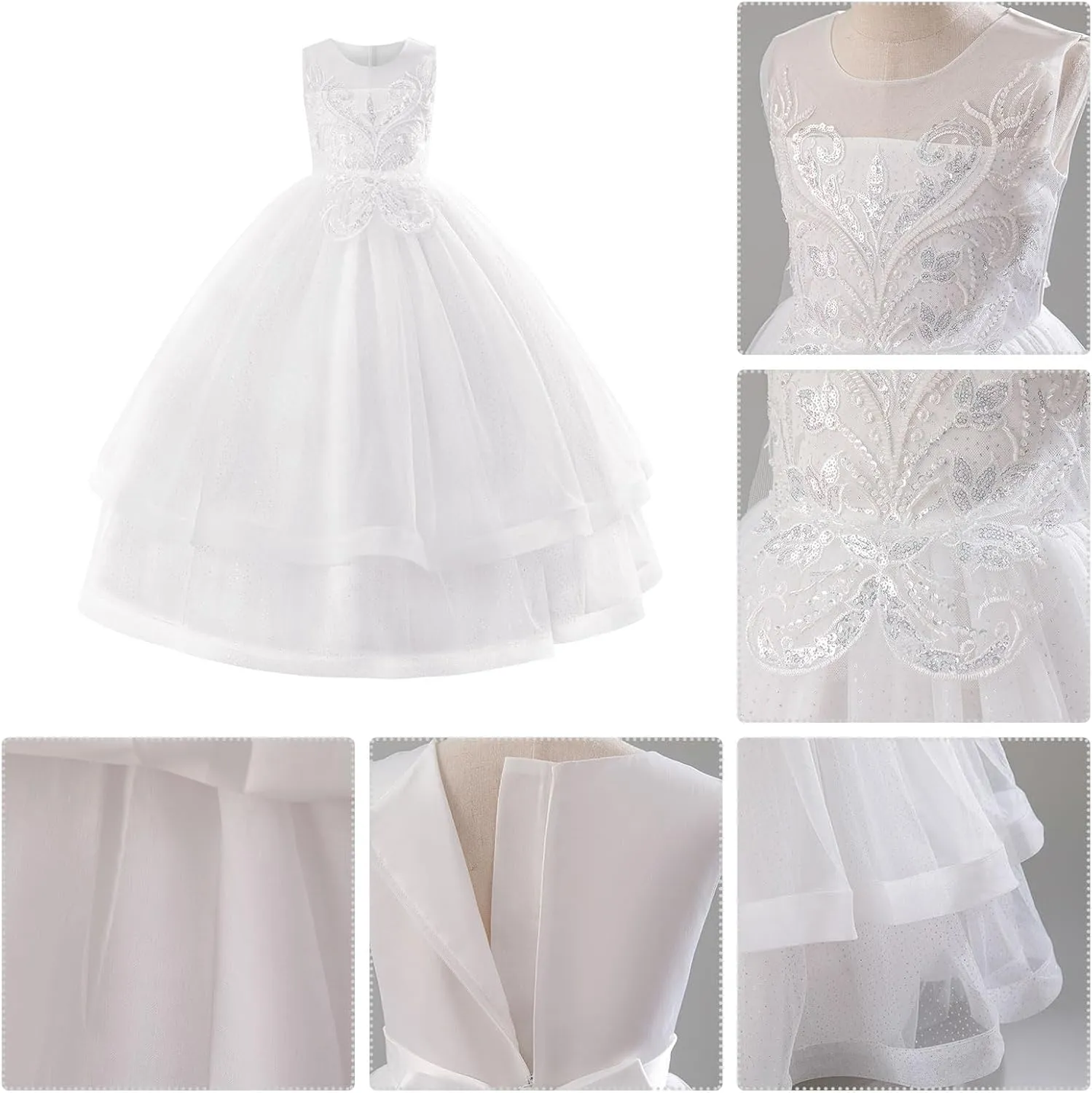 IDOPIP Flower Girl Sequin Appliques Dress for Kids Wedding Pageant Party Long Gown Princess Birthday Communion Tulle Dresses