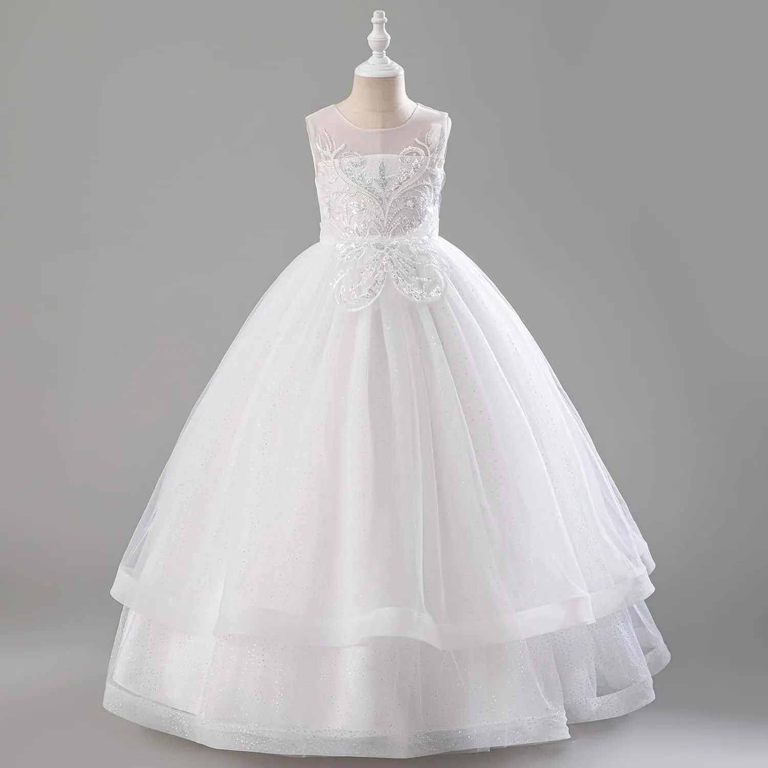 IDOPIP Flower Girl Sequin Appliques Dress for Kids Wedding Pageant Party Long Gown Princess Birthday Communion Tulle Dresses