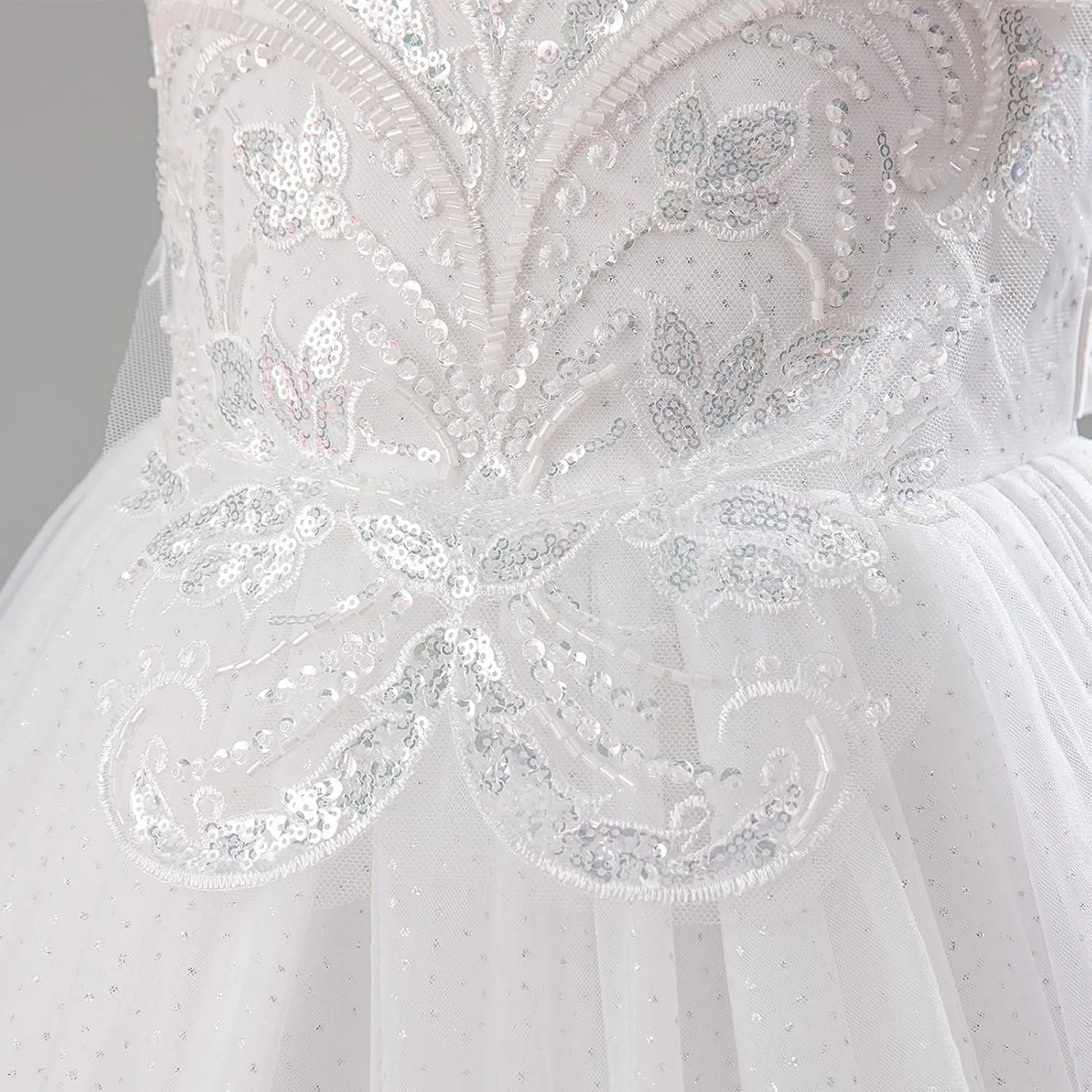 IDOPIP Flower Girl Sequin Appliques Dress for Kids Wedding Pageant Party Long Gown Princess Birthday Communion Tulle Dresses
