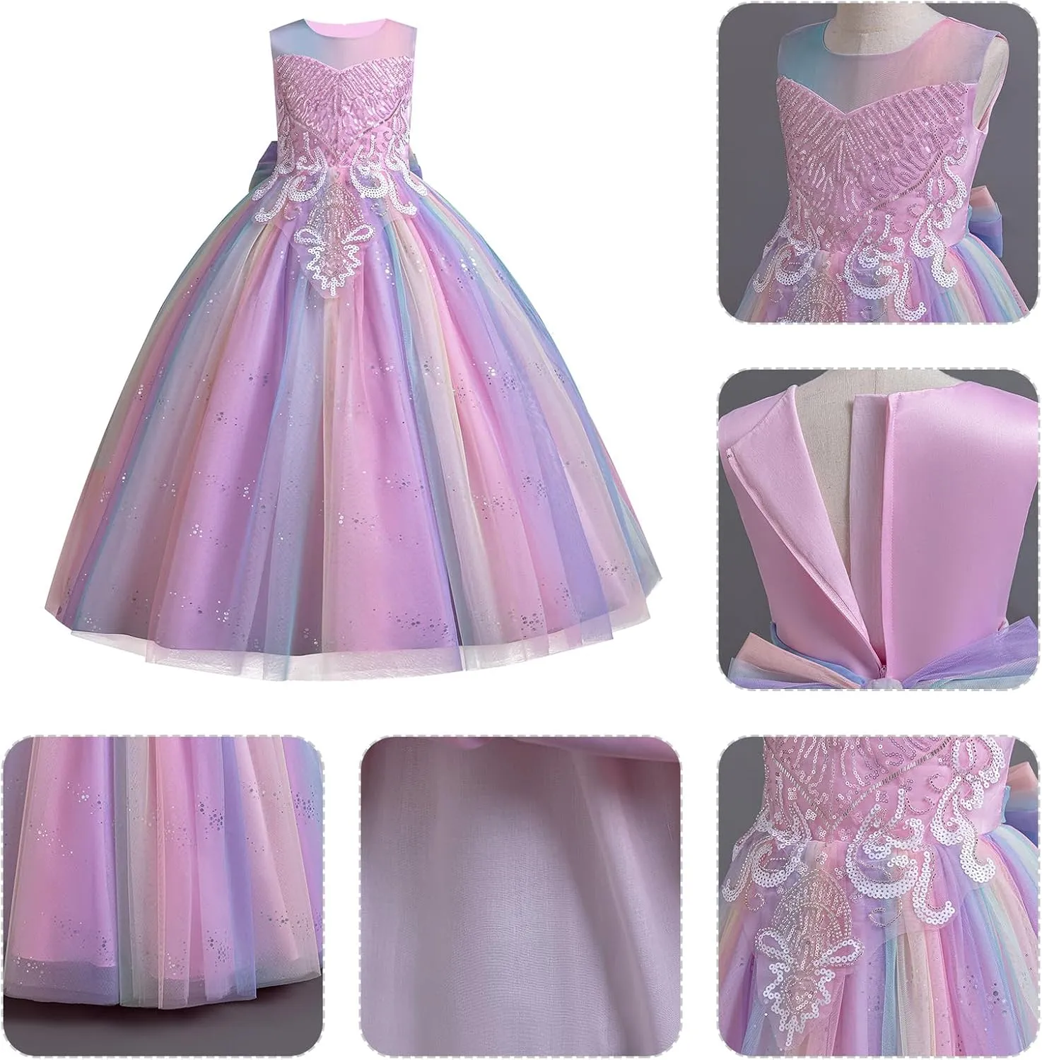 IDOPIP Sequin Flower Girl Dress for Kids Wedding Bridesmaid Pageant Party Formal Long Gown Princess Communion Tulle Dresses