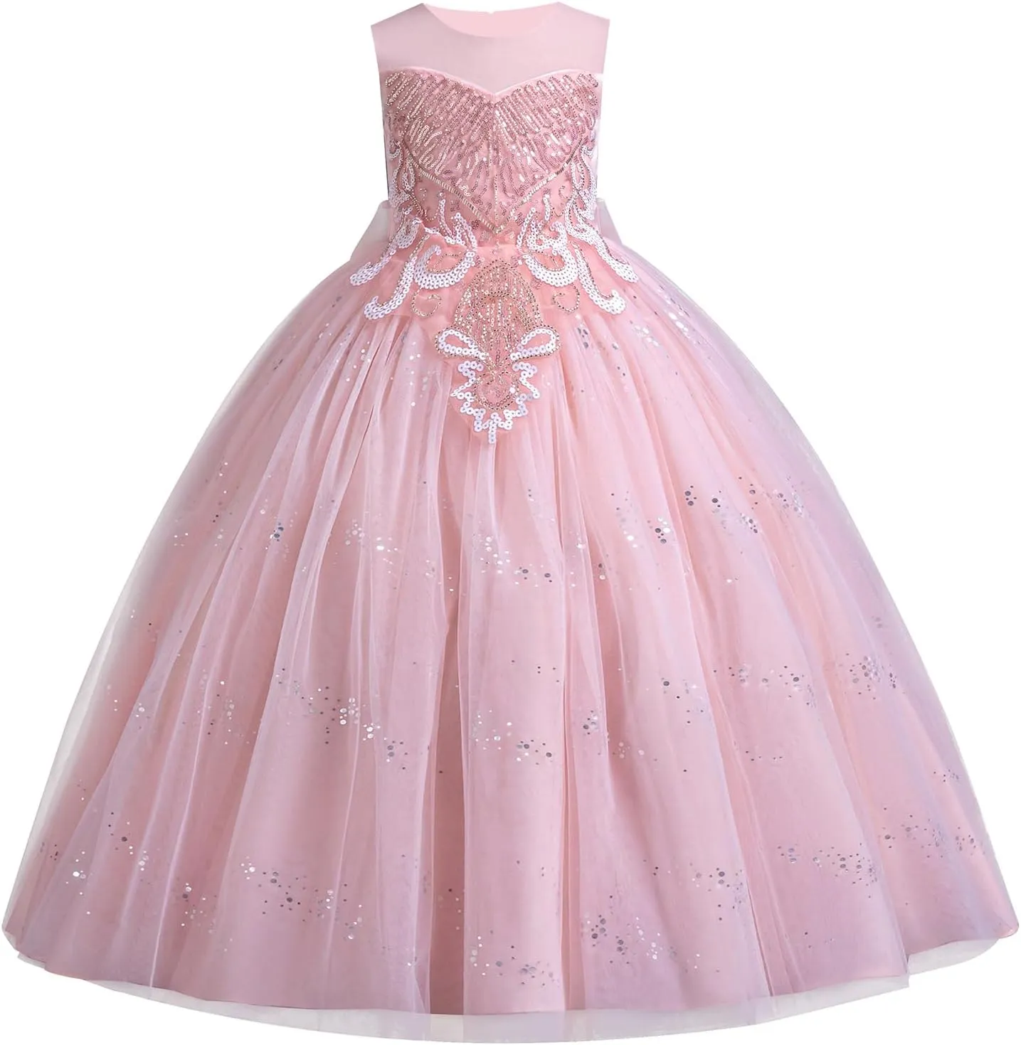 IDOPIP Sequin Flower Girl Dress for Kids Wedding Bridesmaid Pageant Party Formal Long Gown Princess Communion Tulle Dresses