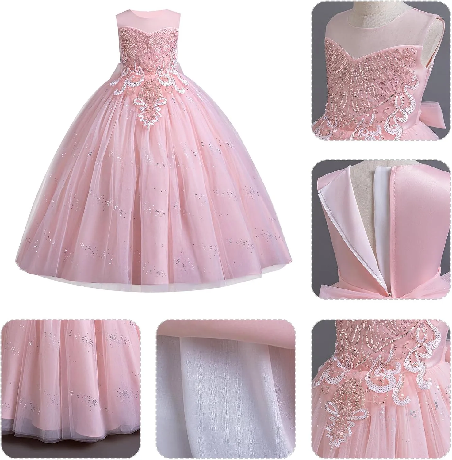 IDOPIP Sequin Flower Girl Dress for Kids Wedding Bridesmaid Pageant Party Formal Long Gown Princess Communion Tulle Dresses