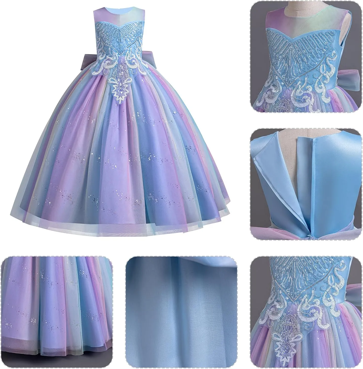 IDOPIP Sequin Flower Girl Dress for Kids Wedding Bridesmaid Pageant Party Formal Long Gown Princess Communion Tulle Dresses
