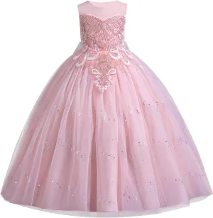 IDOPIP Sequin Flower Girl Dress for Kids Wedding Bridesmaid Pageant Party Formal Long Gown Princess Communion Tulle Dresses