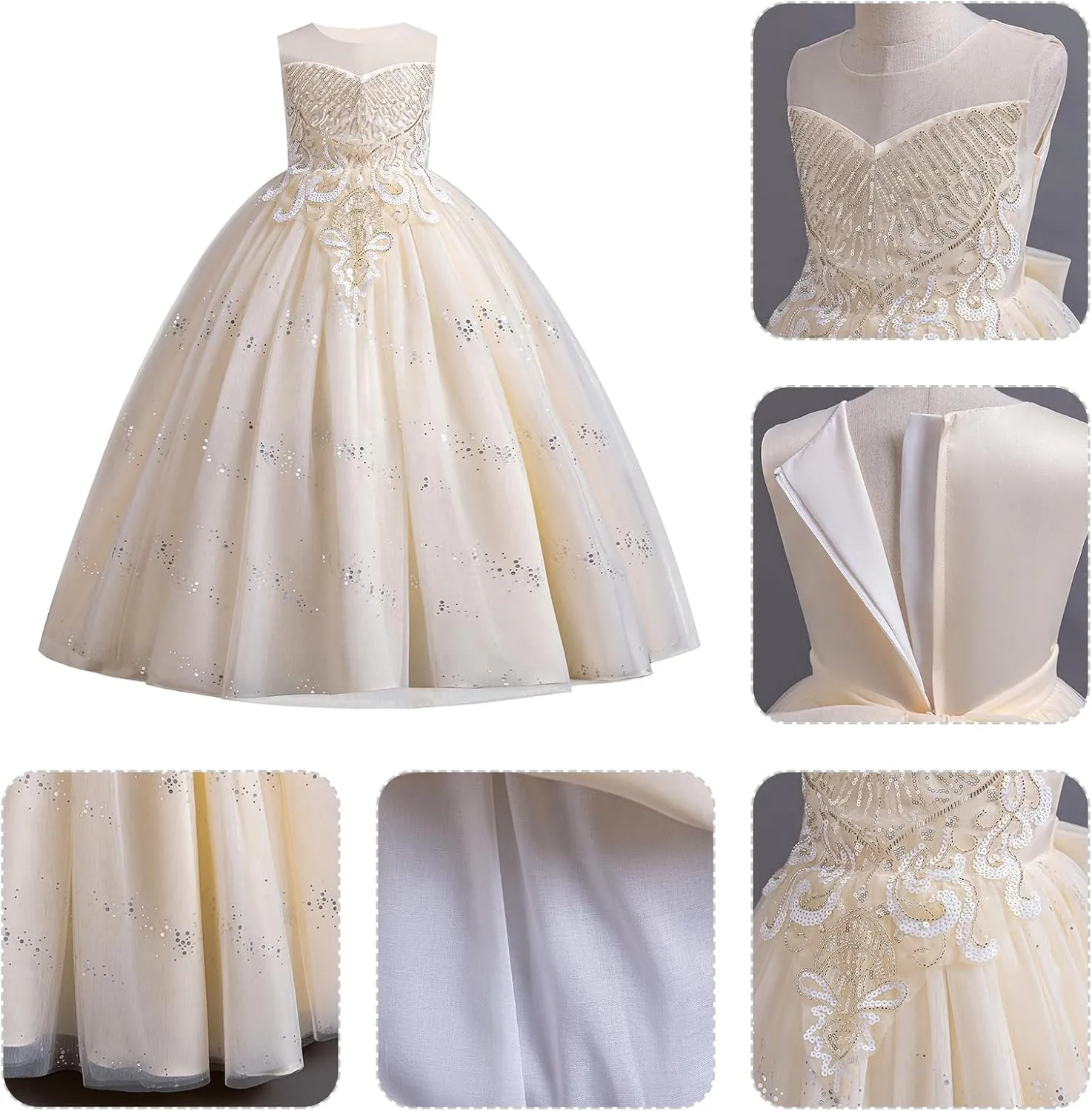 IDOPIP Sequin Flower Girl Dress for Kids Wedding Bridesmaid Pageant Party Formal Long Gown Princess Communion Tulle Dresses