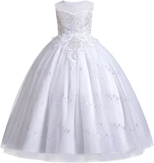 IDOPIP Sequin Flower Girl Dress for Kids Wedding Bridesmaid Pageant Party Formal Long Gown Princess Communion Tulle Dresses